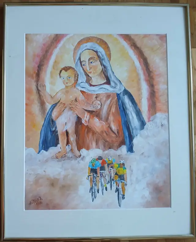 Herbert Beier, Vierge à l’Enfant au-dessus de quatre cyclistes, tableau signé et daté 1996, avec son cadre