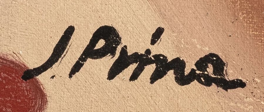 Signature 5 — André Julien Prina · Dans l’angle inférieur gauche de la toile, sur le drapé clair à pois rouges.