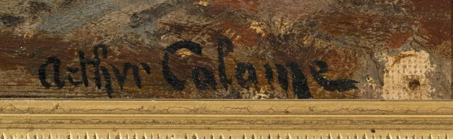 Signature 9 — Arthur Calame · Dans l’angle inférieur droit de la surface peinte, juste au-dessus du bord inférieur.