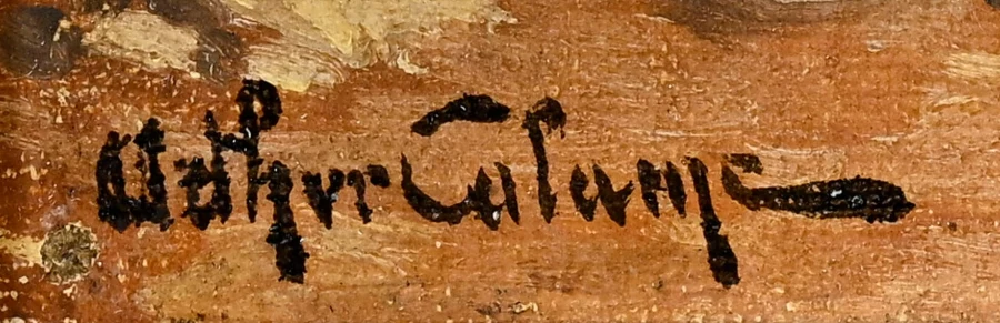 Signature 1 — Arthur Calame · En bas à gauche, sur le sol peint.