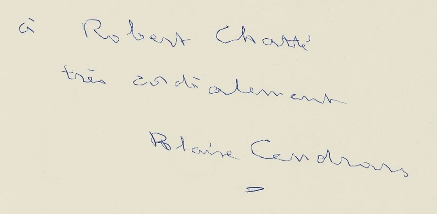 Signatur — Blaise Cendrars · Auf der Titelseite im oberen Bereich, als handschriftliche Widmung mit Unterschrift.