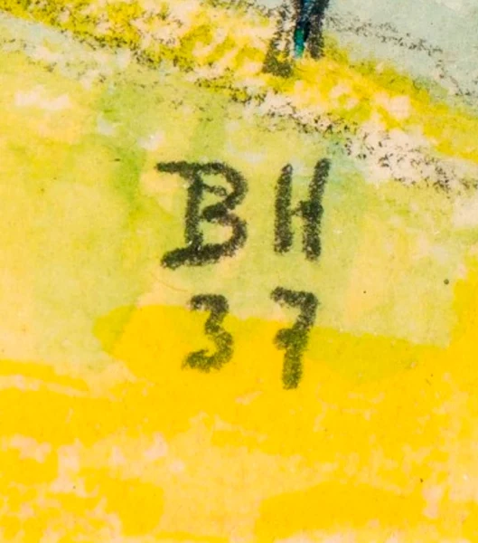 Monogramm — Bruno Hesse · Im unteren rechten Bereich des Aquarells, auf dem gelben Feld.