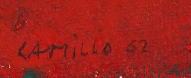 Signature — Camillo Jelmini · Dans la partie inférieure, légèrement à gauche du centre, juste au-dessus de la bande verte.
