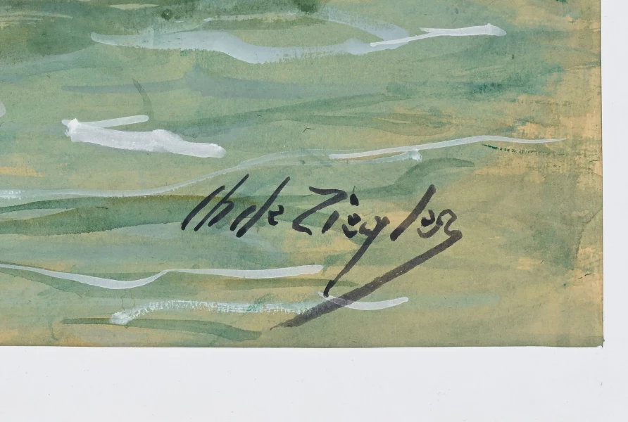 Signature 1 — Charles de Ziegler · Dans l’angle inférieur droit de l’aquarelle, sur l’eau.
