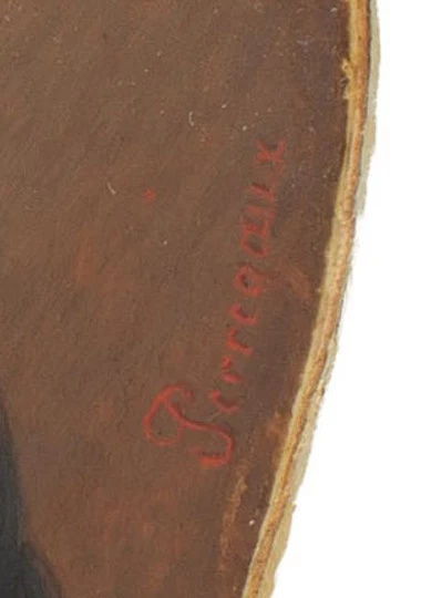 Signatur — Charles Perregaux · Auf der rechten Seite des gemalten Hintergrunds, eine rote, senkrechte Inschrift.