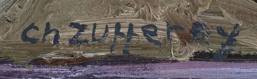 Signature 5 — Christiane Zufferey · Dans la partie inférieure droite de la toile, sur la zone de nature morte, près du bord inférieur.