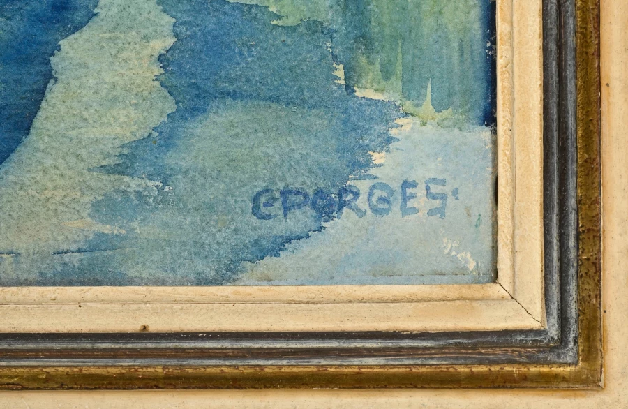 Signatur — Clara Porges · Unten rechts auf der bemalten Fläche, knapp oberhalb der unteren Rahmenkante.