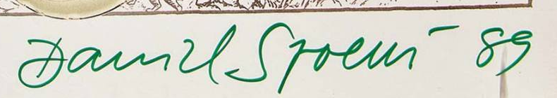 Signature 9 — Daniel Spoerri · Dans la marge inférieure droite de l’œuvre.