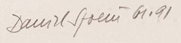 Signature 5 — Daniel Spoerri · Dans la marge, en bas à droite.