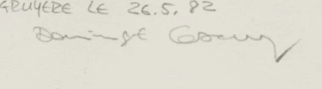Signature — Dominique Cosandey · Sous l’image, vers le bas à gauche du centre.