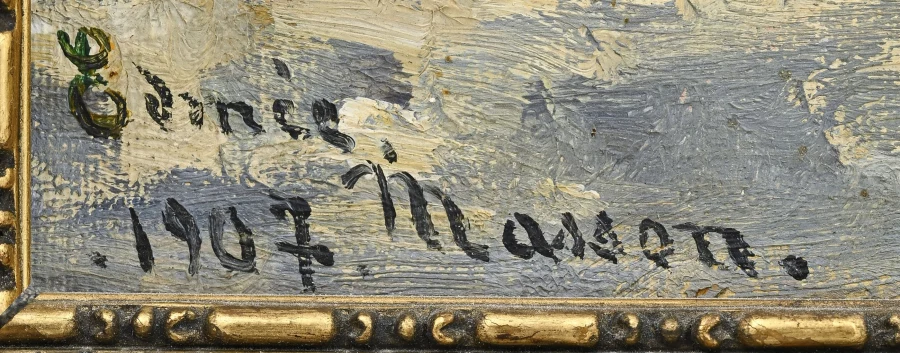 Signature — Edmée Masson · En bas à gauche de la toile.