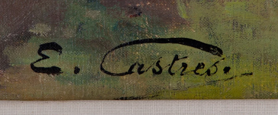 Signature 3 — Edouard Castres · Dans l’angle inférieur gauche de la toile, juste au-dessus du bord inférieur.