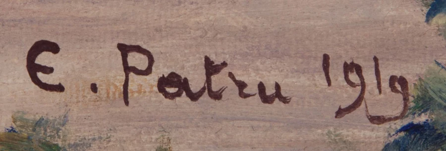 Signature 2 — Emile Patru · Dans l’angle inférieur droit de la toile, sur le sol clair près des arbres.