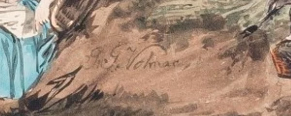 Signature — Georg Volmar · En bas à droite de la feuille, sur le sol près des personnages et du pied des arbres.