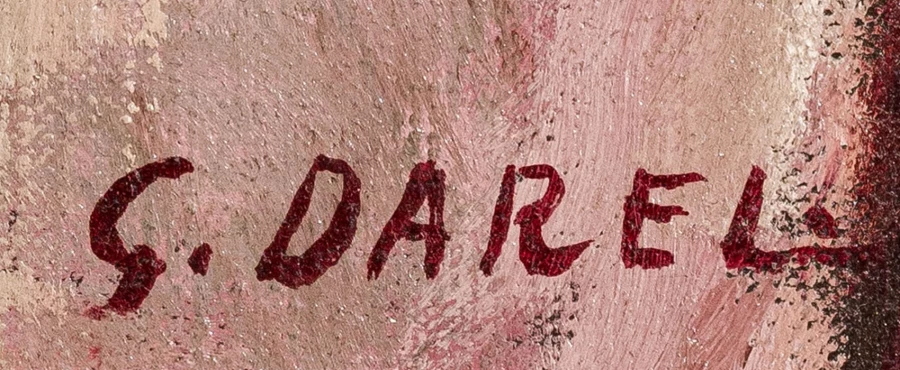 Signature 1 — Georges Darel · En bas à droite de la toile, sur la nappe rose peinte.