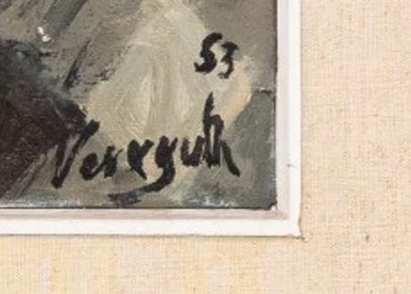 Signature — Gérold Veraguth · En bas à droite de la surface peinte, sur la chaise à motif.