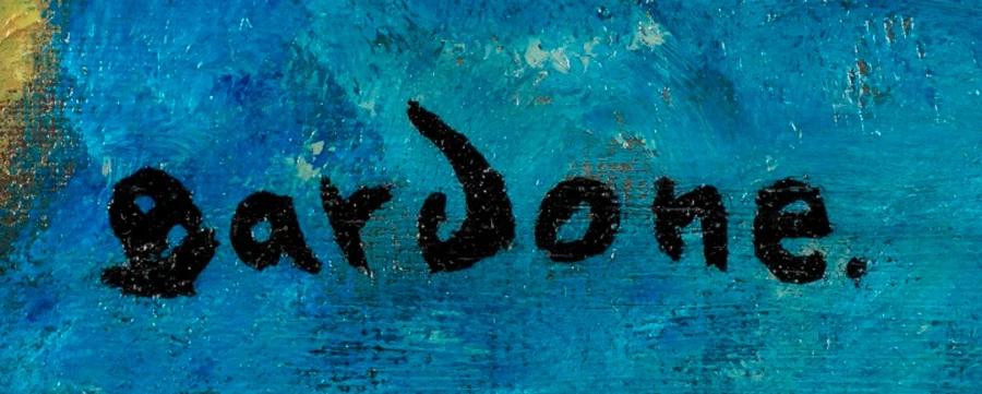Signature 2 — Guy Bardone · En bas de la toile, près du centre, légèrement à droite, sous la nature morte.