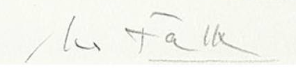 Signature 1 — Hans Falk · En bas à droite, dans la marge blanche de l’estampe.