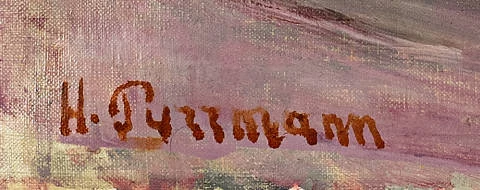 Signatur 1 — Hans Purrmann · Unten links auf der bemalten Fläche, knapp oberhalb des unteren Randes.