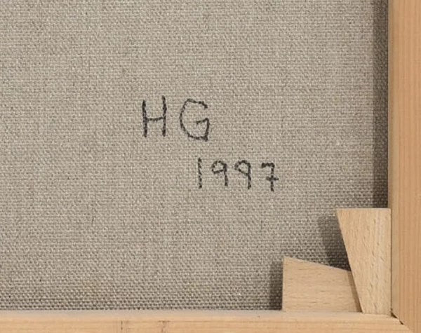 Monogramme — Helmut Guth · Au verso, dans la partie inférieure droite de la toile, au-dessus de la traverse inférieure du châssis.