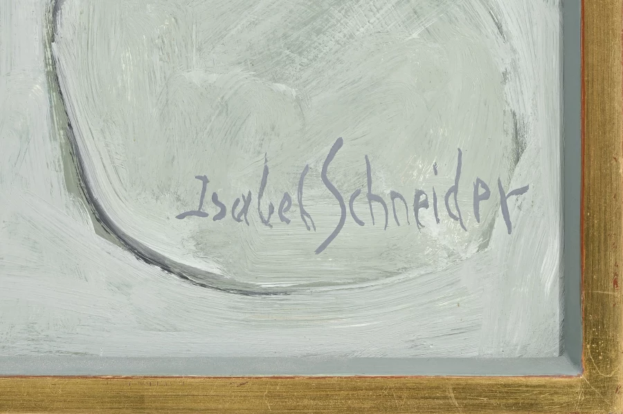 Signature 1 — Isabel Schneider · At the lower right of the painting, within the pale grey oval shape.