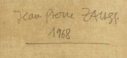 Signature — Jean-Pierre Zaugg · Au dos de l’œuvre, sur la toile, à droite de la traverse verticale.