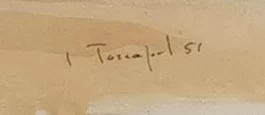 Signature 1 — John Torcapel · Dans la partie inférieure droite de l’aquarelle, sur le sol peint.