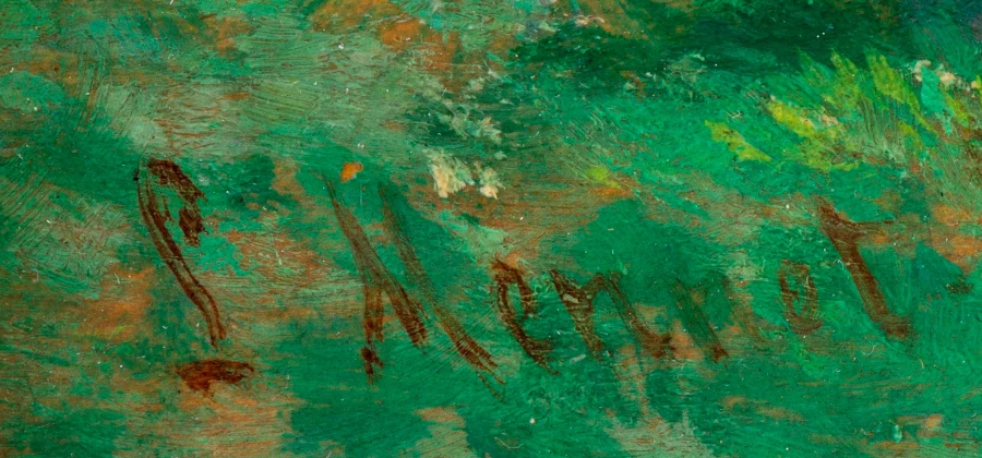 Signature 5 — Louis Mennet · En bas à gauche du paysage.
