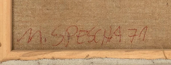 Signature — Matias Spescha · On the reverse of the canvas, at the lower left.
