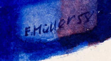 Signature — Müller-Emil · Dans la partie inférieure droite de l’aquarelle, sur la bande bleue.