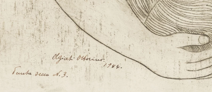 Signature — Ottorino Olgiati · Dans la marge inférieure gauche de l’estampe, sous la figure.
