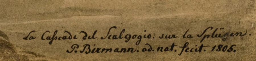 Signature — Peter Birmann · En bas de l’aquarelle, légèrement à droite du centre, sous le paysage.