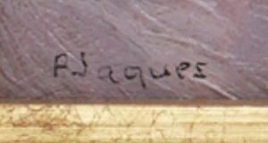 Signature 1 — Pierre Jaques · En bas à gauche, sur la surface peinte.