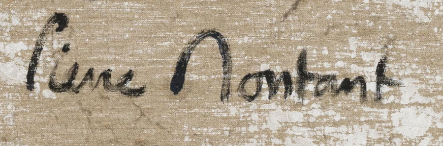 Signature — Pierre Montant · On the reverse, in the upper part of the canvas, below the handwritten title.