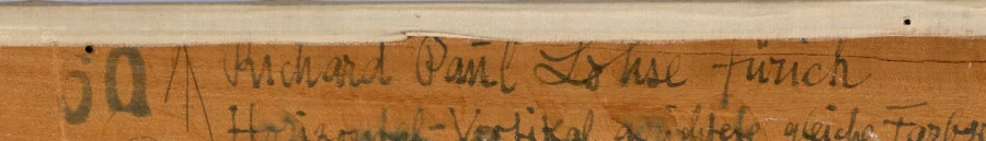 Signature — Richard Paul Lohse · Sur la traverse horizontale supérieure du châssis, au revers.
