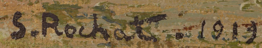 Signatur — Samuel Rochat · Unten links auf der Leinwand, im Weg- und Bodenbereich des Vordergrunds.