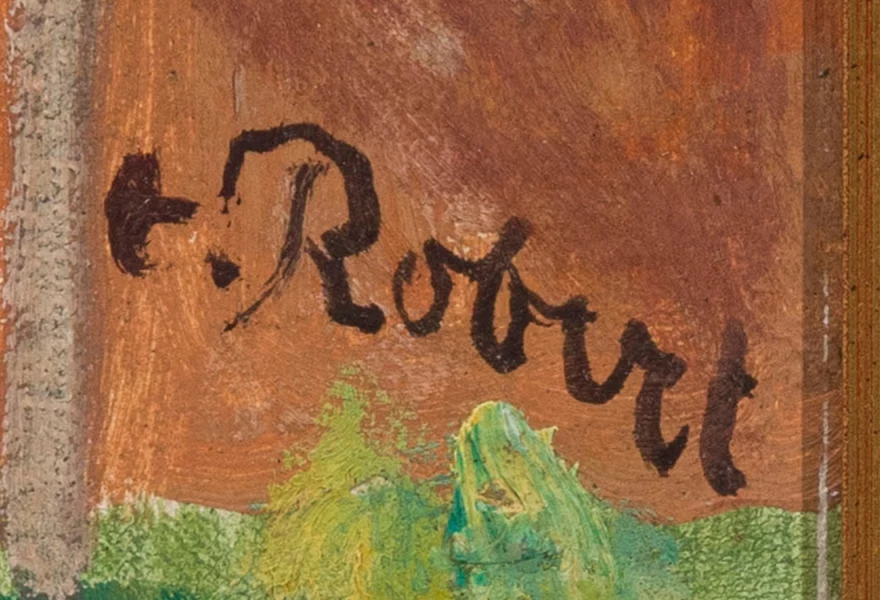 Signature 1 — Théophile Robert · In the lower-right area of the canvas, to the right of the tree and above the bottom edge.