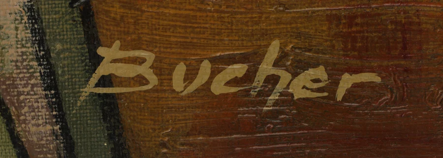 Signature — Walter Bucher · On the verso, on a brown surface with horizontal grain.