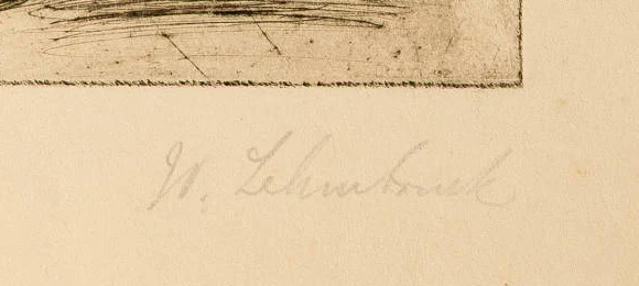 Signature 5 — Wilhelm Lehmbruck · Dans la marge inférieure droite, sous la composition gravée.