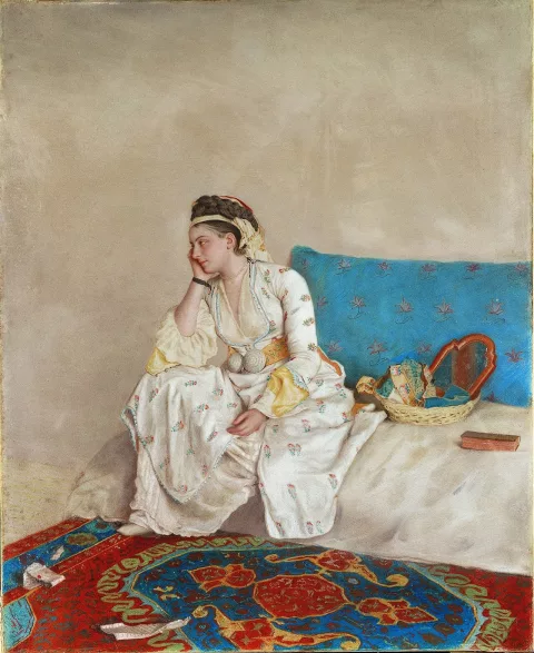 Jean-Étienne Liotard — Femme en costume turc assise sur un sofa