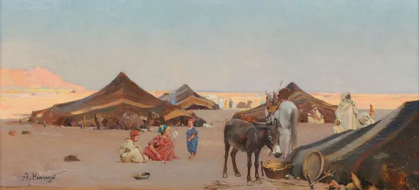 Abraham Hermanjat — Wüstenlandschaft mit Beduinenzelten, Kamelen, Pferden und Maultier