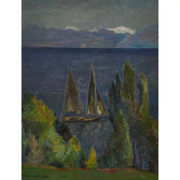 Abraham Hermanjat — "Lac avec une grande barque de Meillerie".