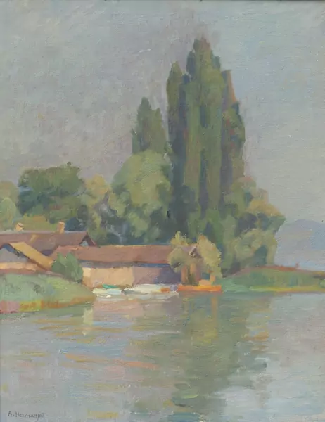 Abraham HERMANJAT (1862-1932), 'Paysage lacustre' vers 1920, huile sur panneau — DognyAuction