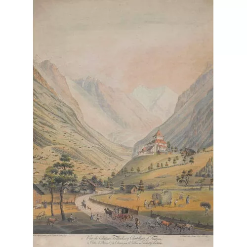 Abraham Samuel Fischer — "Vue du Chateau Tellenbourg Chatellanie de Frutigen au Canton de Berne, & du Chemin par le Vallon au Candersteg et en Valais".