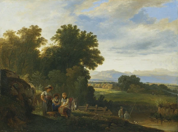 Adam Töpffer — Personnages avec paysannes, âne et pêcheurs près d'un cours d'eau (Audéoud)