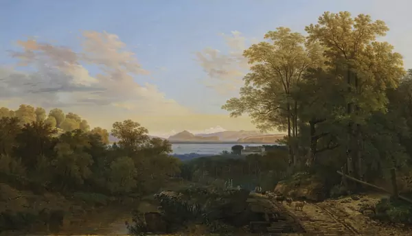 Adam Töpffer — PAYSAGE AVEC VUE SUR LE LÉMAN ET LE MASSIF DU MONT-BLANC DEPUIS LES HAUTEURS DE CHAMBÉSY, DERRIÈRE LA MAISON DE L'IMPÉRATRICE JOSÉPHINE, 1825VIEW OF LAKE GENEVA AND THE MONT-BLANC MASSIF, FROM THE HEIGHTS OF CHAMBÉSY, BEHIND THE HOUSE OF THE EMPRESS JOSÉPHINE, 1825