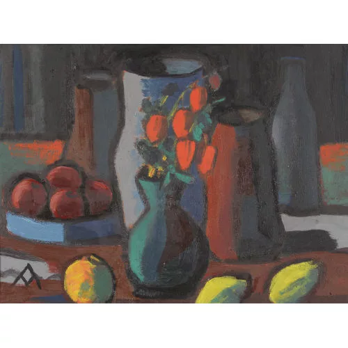 Adolf Mathys — Stillleben mit Vasen, Blumen und Früchten.