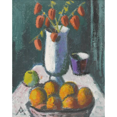 Stillleben mit Lampionblumen und Obst