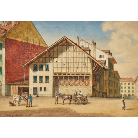 "Dorfplatz mit Personen- und Tierstaffage"