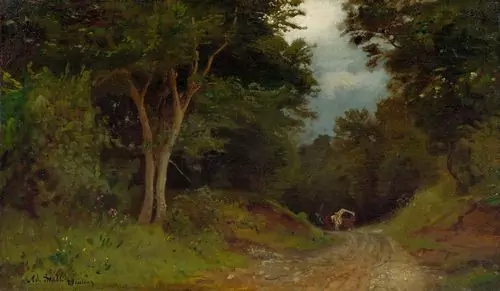 ADOLF STÄBLI — Waldlandschaft mit einem Fuhrwerk im Hintergrund. — Koller Auktionen
